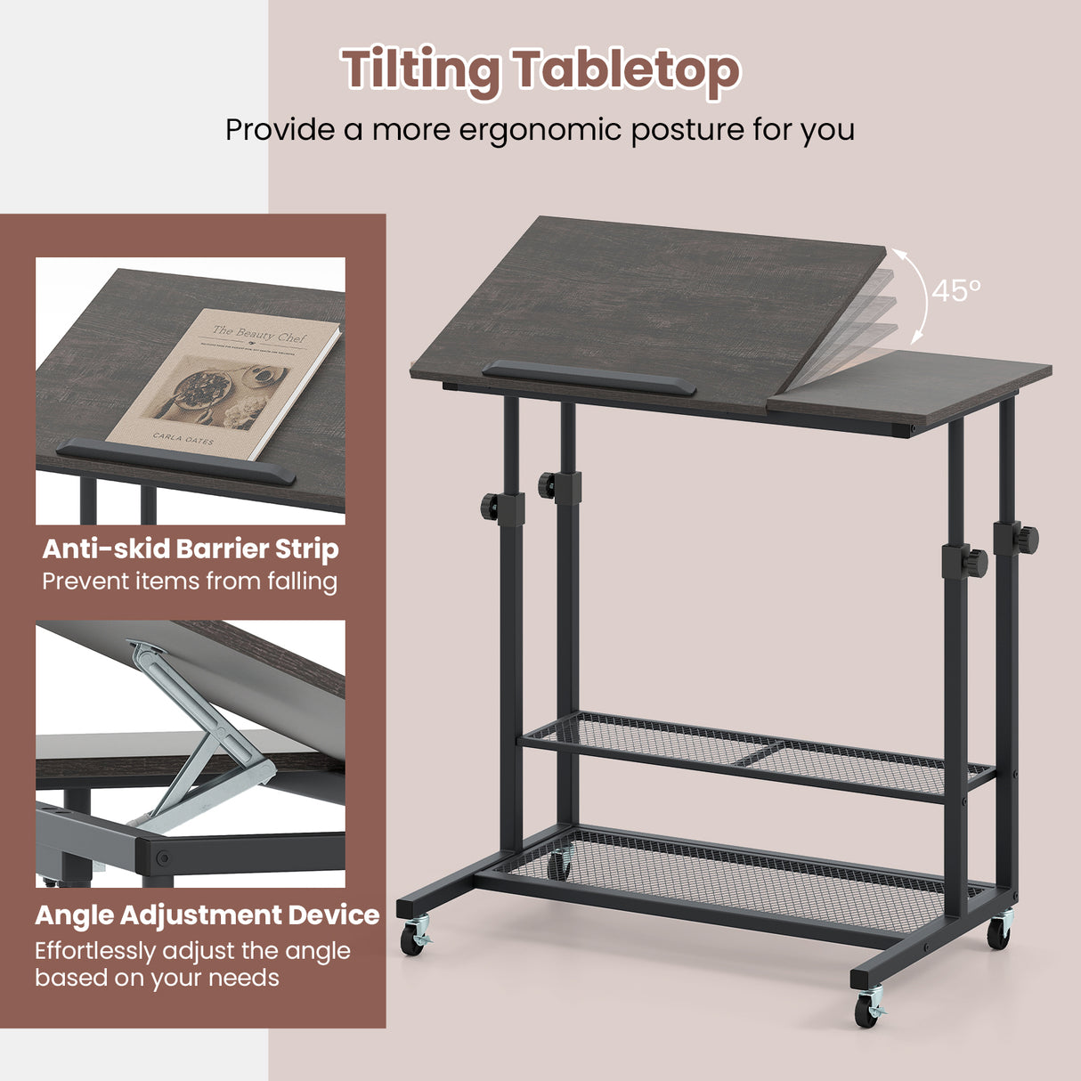 Mobile Stand up Desk Height Adjustable Standing Table with Tilting Tabletop-Oak