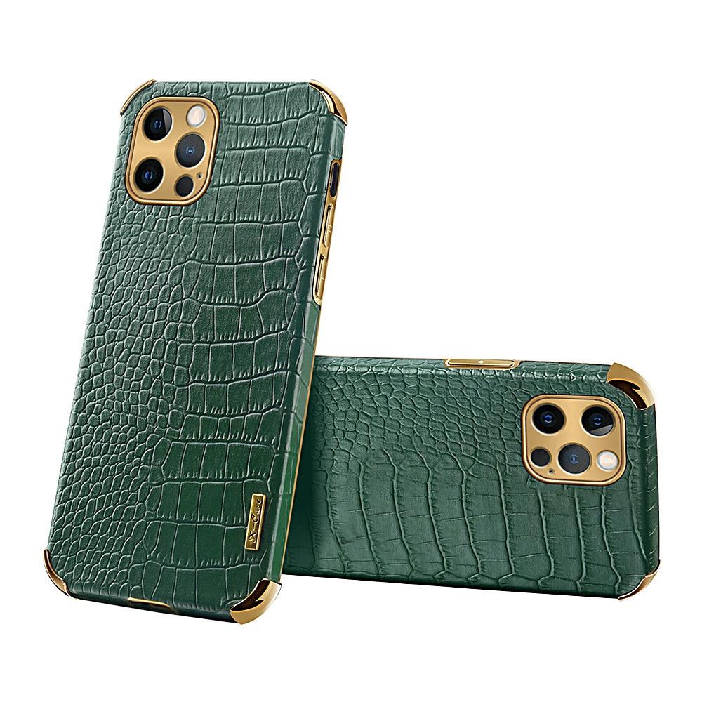Modern Green Leather Case for iPhone 14 Pro Max Mini 13 11 Pro Max X XR XS Max 13 Mini Cases Luxury PU Leather Covers Luxury Cover Gold Edge for Women Girls Slim Leather Elegant Iphone Protective Cover