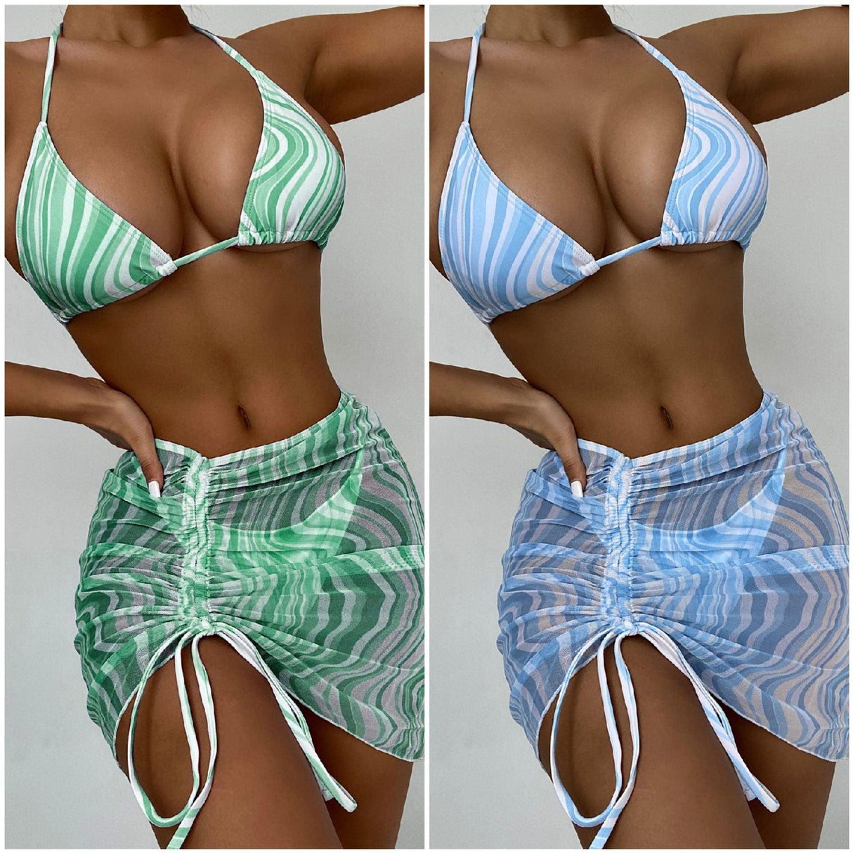 Modern Print Bikini Triangle Swimsuit Bikini 3 Piece Set Women's Swimsuit with Short Mesh Sheer Wrap Cover Ups Beach Skirt Bathing Suit Women Halter Swimwear Women Skirt 3 Pieces Set Elegant Bathing Suit Beach Wear