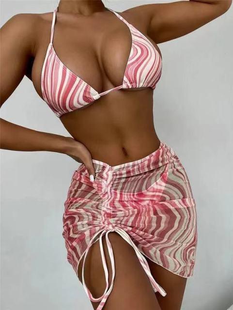 Modern Print Bikini Triangle Swimsuit Bikini 3 Piece Set Women's Swimsuit with Short Mesh Sheer Wrap Cover Ups Beach Skirt Bathing Suit Women Halter Swimwear Women Skirt 3 Pieces Set Elegant Bathing Suit Beach Wear