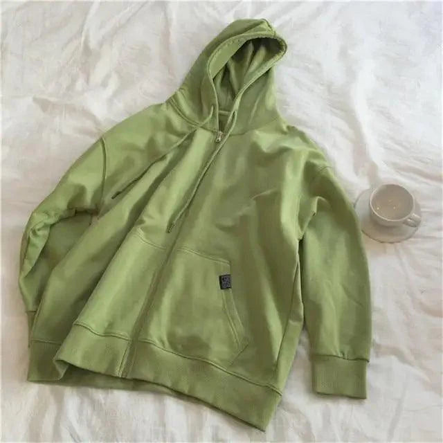 Modern With Hat Hoodies Women Kangaroo Pocket Casual Loose Solid Color Sweatshirt Female Fashion New Female Tops Sports Clothing Oversized Zip Hooded Sweatshirt Cotton Women Autumn Hoodie