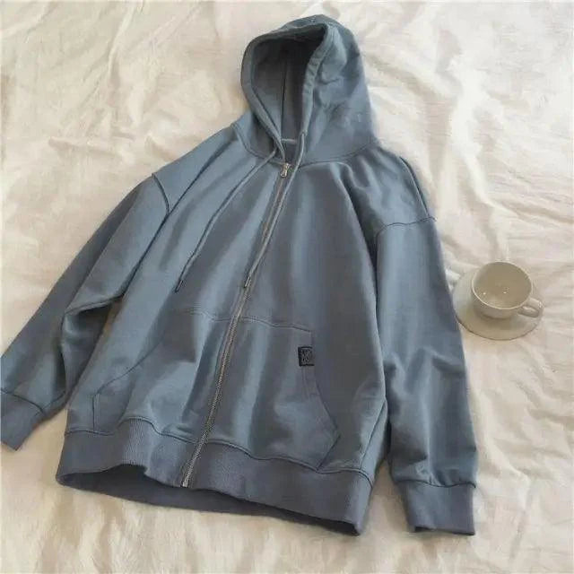 Modern With Hat Hoodies Women Kangaroo Pocket Casual Loose Solid Color Sweatshirt Female Fashion New Female Tops Sports Clothing Oversized Zip Hooded Sweatshirt Cotton Women Autumn Hoodie