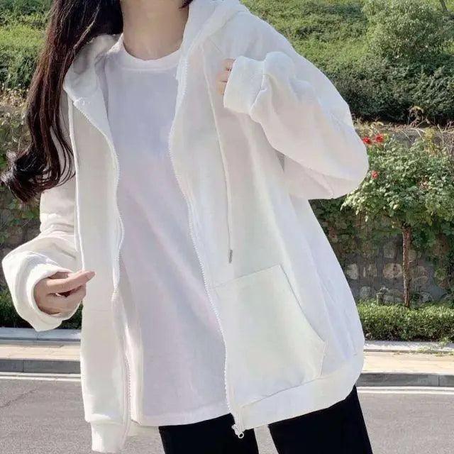 Modern With Hat Hoodies Women Kangaroo Pocket Casual Loose Solid Color Sweatshirt Female Fashion New Female Tops Sports Clothing Oversized Zip Hooded Sweatshirt Cotton Women Autumn Hoodie