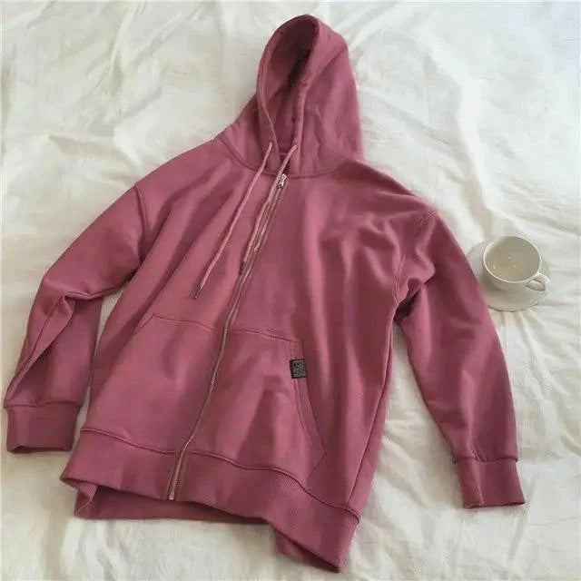 Modern With Hat Hoodies Women Kangaroo Pocket Casual Loose Solid Color Sweatshirt Female Fashion New Female Tops Sports Clothing Oversized Zip Hooded Sweatshirt Cotton Women Autumn Hoodie