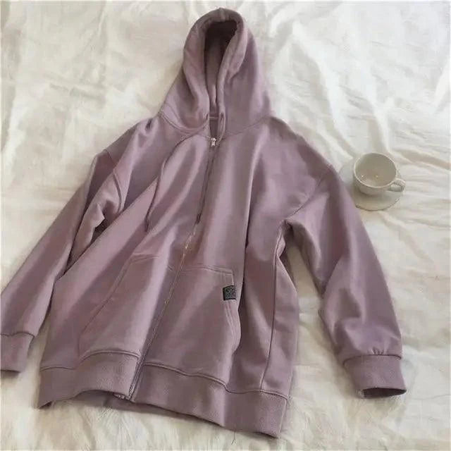 Modern With Hat Hoodies Women Kangaroo Pocket Casual Loose Solid Color Sweatshirt Female Fashion New Female Tops Sports Clothing Oversized Zip Hooded Sweatshirt Cotton Women Autumn Hoodie