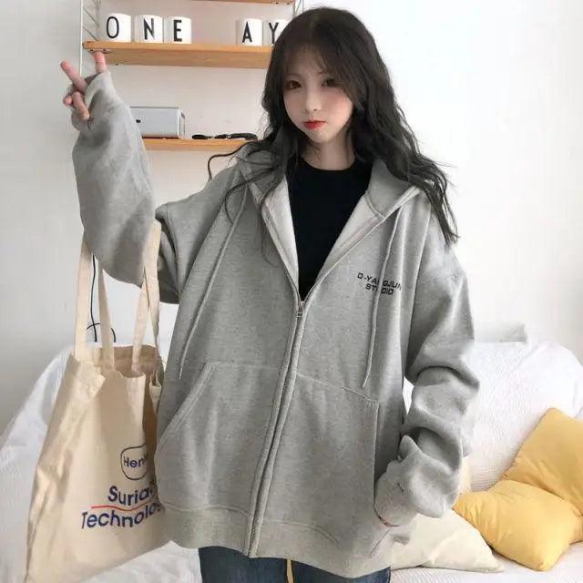 Modern With Hat Hoodies Women Kangaroo Pocket Casual Loose Solid Color Sweatshirt Female Fashion New Female Tops Sports Clothing Oversized Zip Hooded Sweatshirt Cotton Women Autumn Hoodie