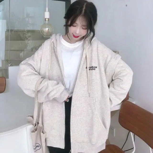 Modern With Hat Hoodies Women Kangaroo Pocket Casual Loose Solid Color Sweatshirt Female Fashion New Female Tops Sports Clothing Oversized Zip Hooded Sweatshirt Cotton Women Autumn Hoodie
