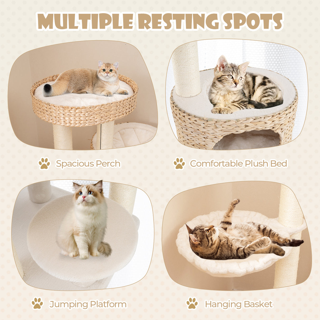 Modern Cat Tree for Indoor Cats with Cattail Fluff Condo and Top Perch-Natural