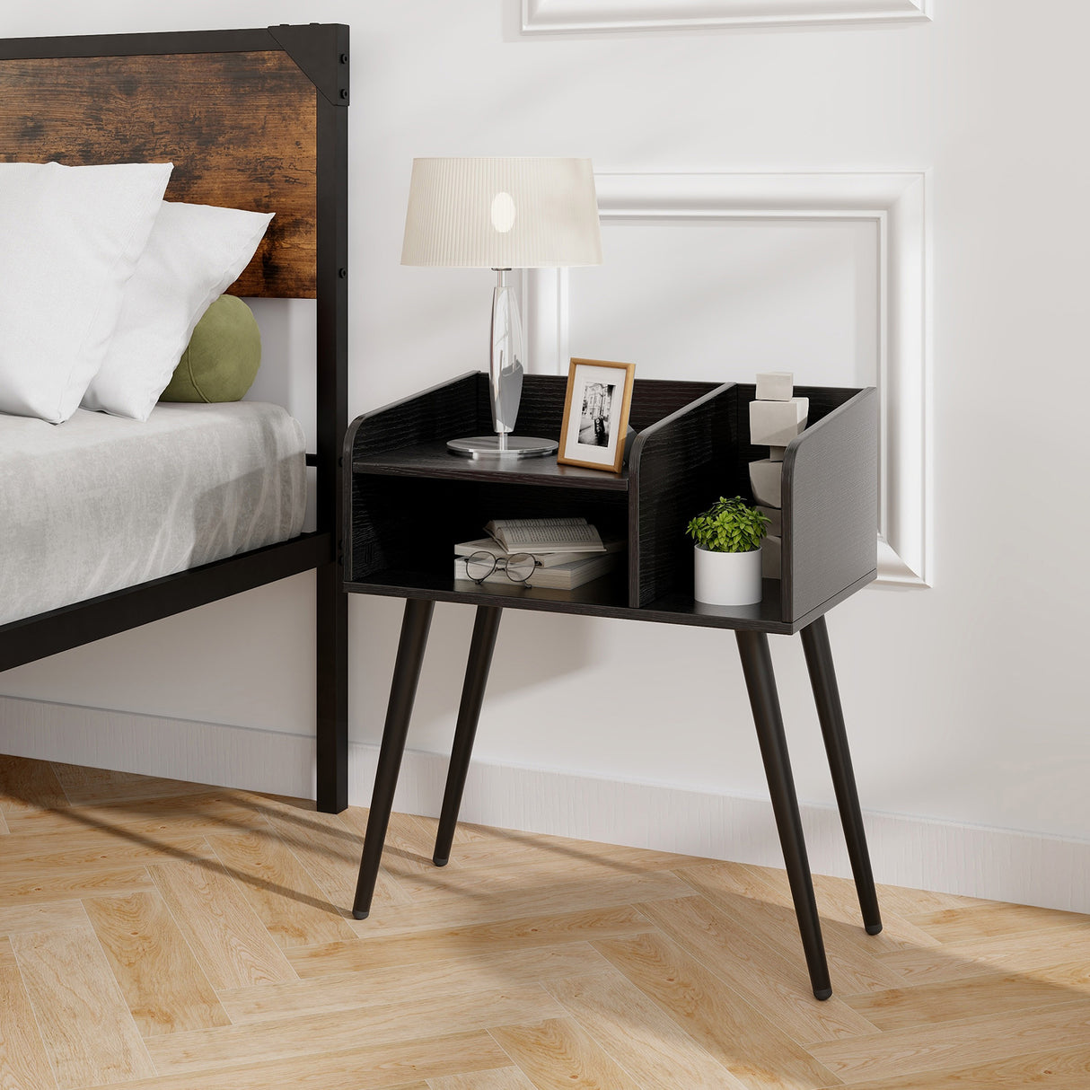 Mid Century Modern Nightstand with Open Shelves-Black