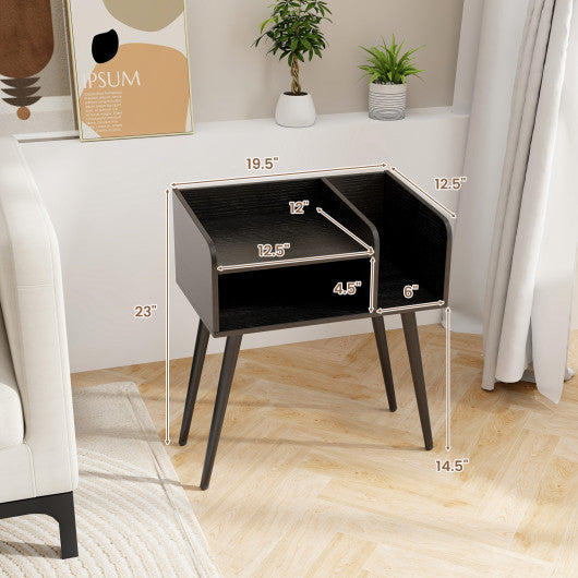 Mid Century Modern Nightstand with Open Shelves-Black