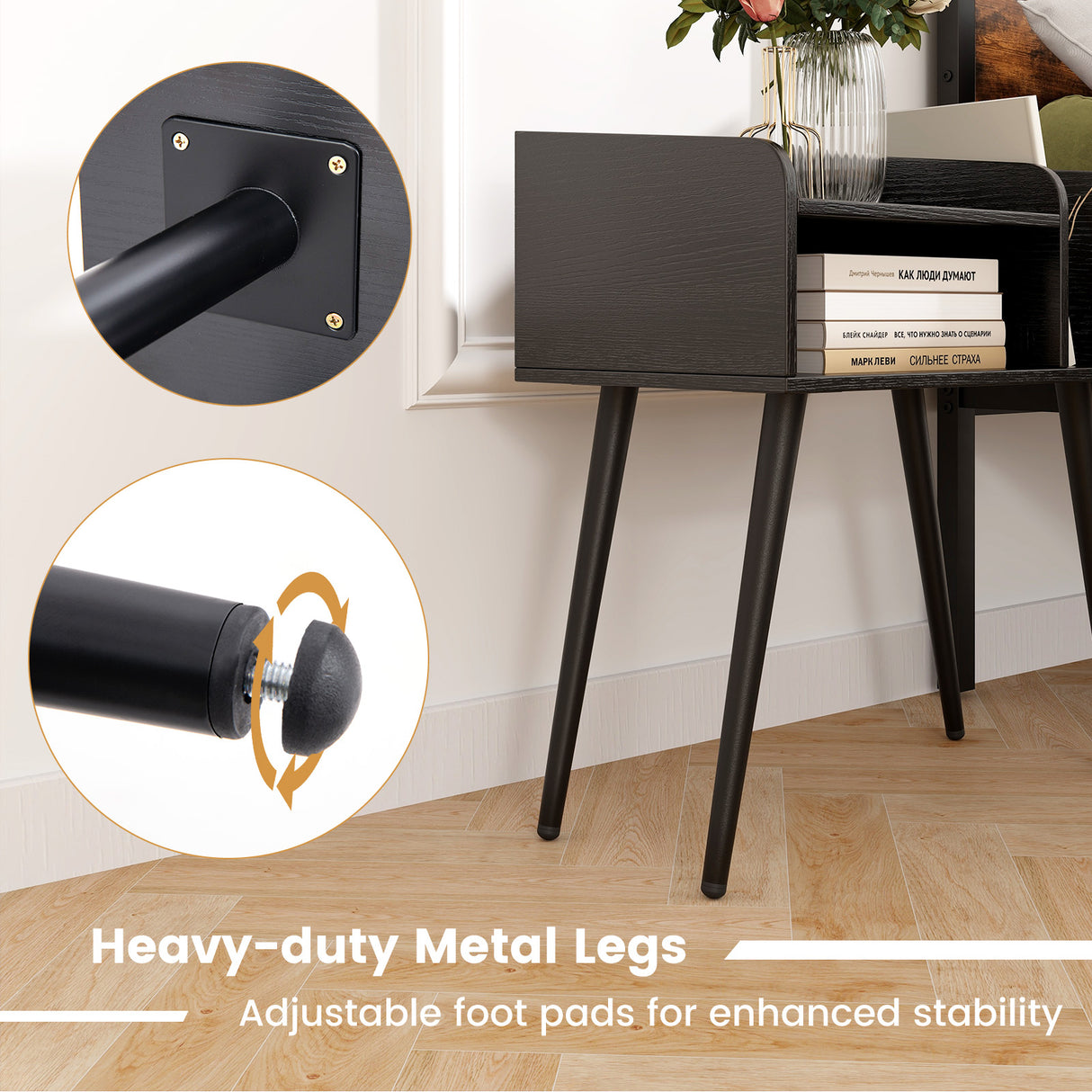 Mid Century Modern Nightstand with Open Shelves-Black