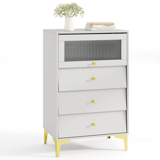 Modern Storage Cabinet with Flip Up Fluted Glass Door and Pull-out Drawers-Gray