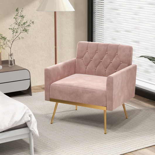 Modern Velvet Accent Chair with Button Tufted Back Golden Metal Legs and Adjustable Foot Pads-Pink