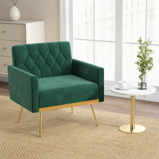 Modern Velvet Accent Chair with Button Tufted Back Golden Metal Legs and Adjustable Foot Pads-Turquoise
