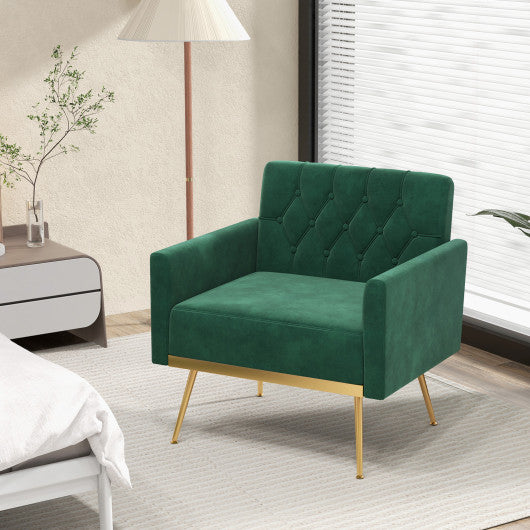 Modern Velvet Accent Chair with Button Tufted Back Golden Metal Legs and Adjustable Foot Pads-Turquoise