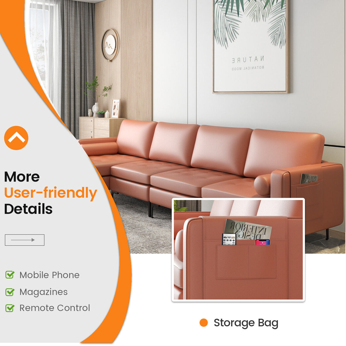 Modular L-shaped 4-Seat Sectional Sofa with Reversible Chaise and 2 USB Socket-Pink