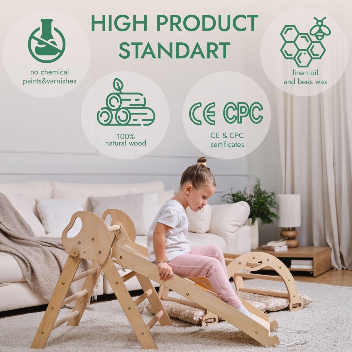 4in1 Montessori Climbing Set: Pikler Triangle, Arch, Slide Board, and Cushion for Toddlers (1–3 Years)