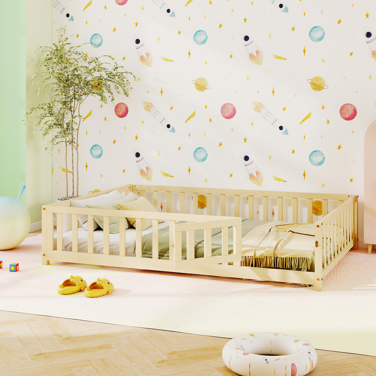 Montessori Bed Frame with Full-length Guardrails Safety Door and Latch-Natural