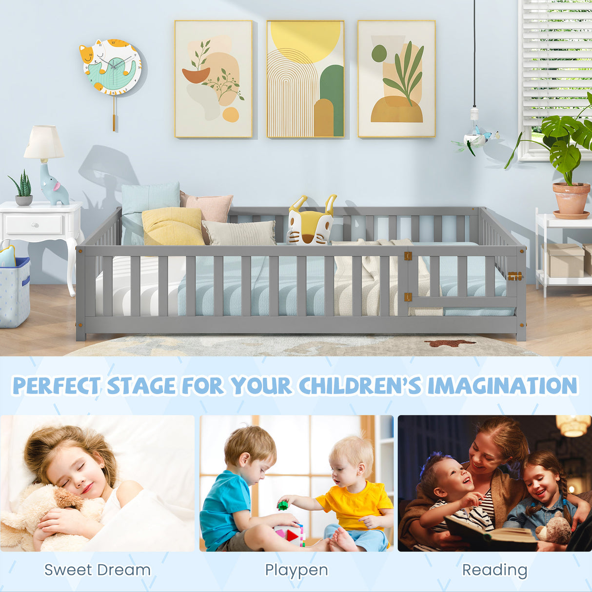 Montessori Bed Frame with Full-length Guardrails Safety Door and Latch-Gray
