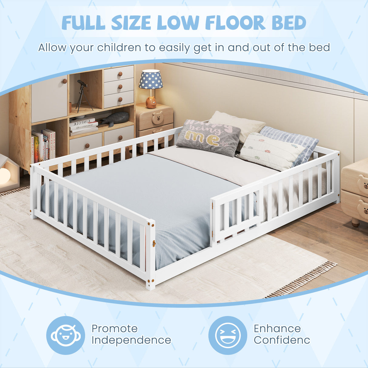 Montessori Bed Frame with Full-length Guardrails Safety Door and Latch-White