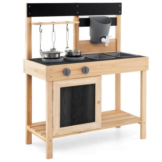 Mud Kitchen Playset Kids Play Kitchen Outdoor with 2 Removable Sinks-Natural