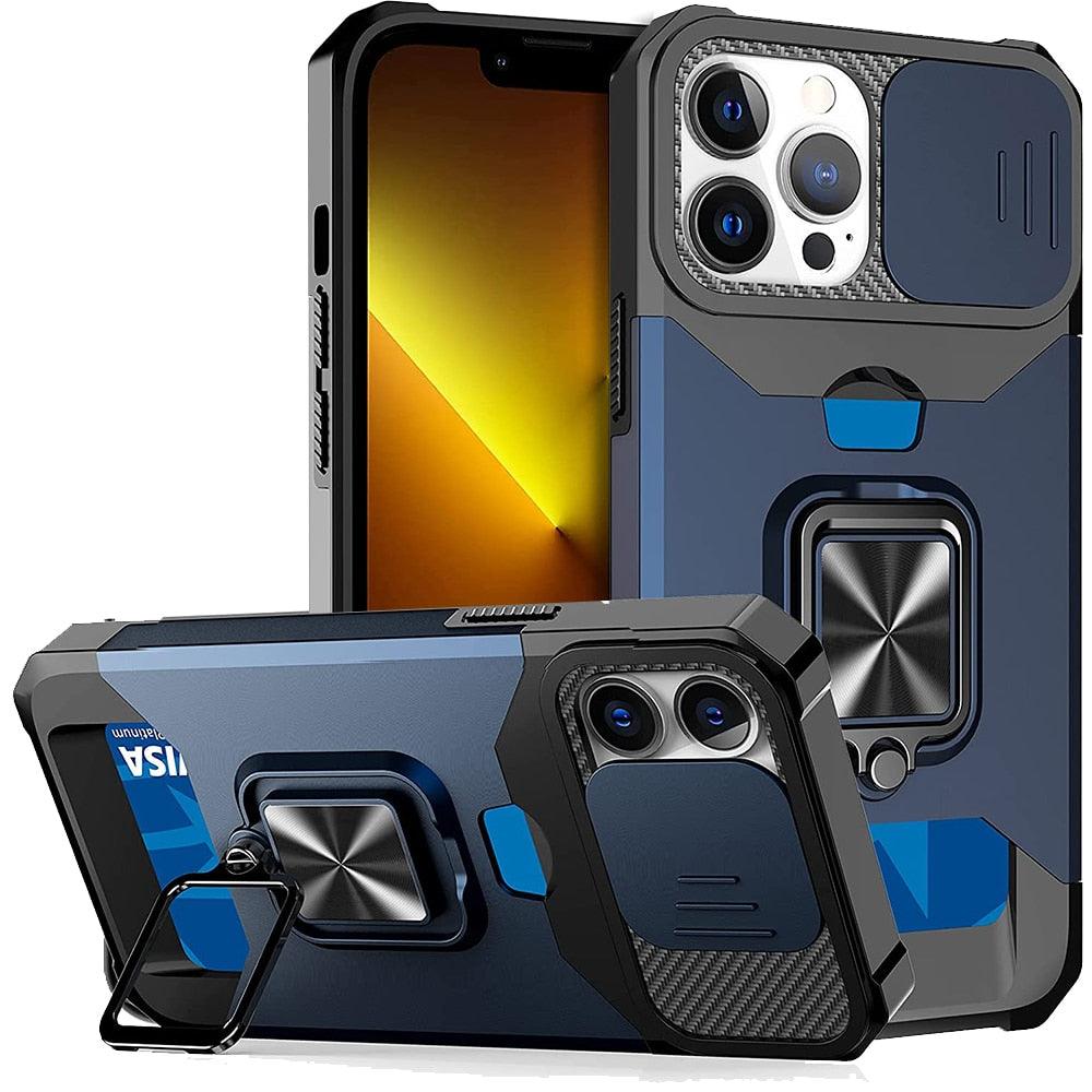 Multifunctional Card Holder Heavy Duty Protective iPhone Case For iPhone 14 13 12 11 Pro Max Slide Camera Kickstand Card Holder Slot Wallet Protective With Ring Stand Cover Magnetic Strong Phone Case
