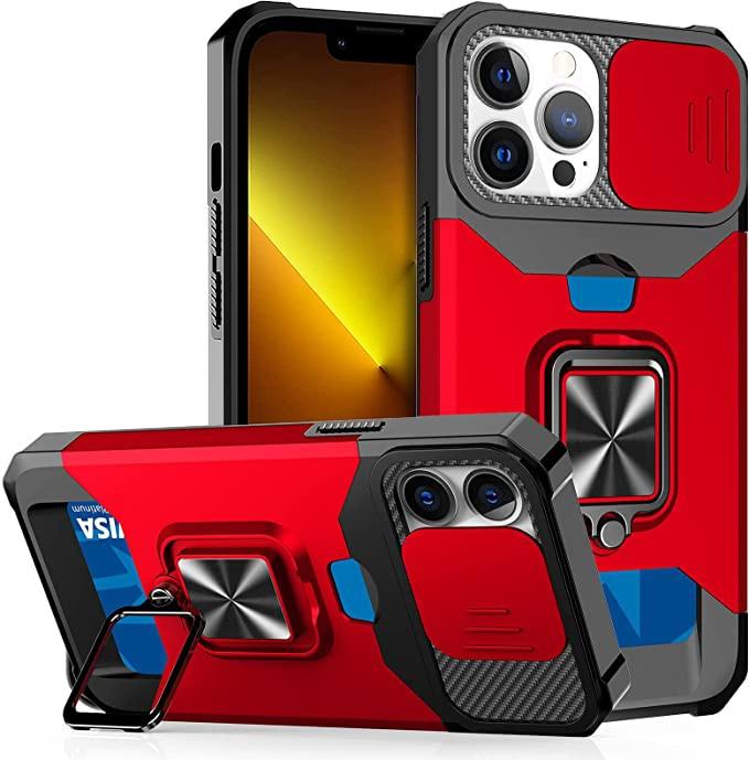 Multifunctional Card Holder Heavy Duty Protective iPhone Case For iPhone 14 13 12 11 Pro Max Slide Camera Kickstand Card Holder Slot Wallet Protective With Ring Stand Cover Magnetic Strong Phone Case