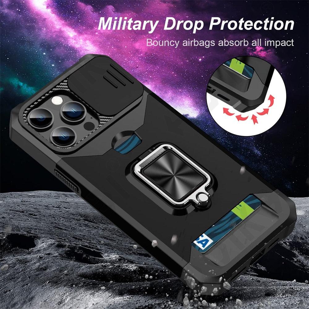 Multifunctional Card Holder Heavy Duty Protective iPhone Case For iPhone 14 13 12 11 Pro Max Slide Camera Kickstand Card Holder Slot Wallet Protective With Ring Stand Cover Magnetic Strong Phone Case