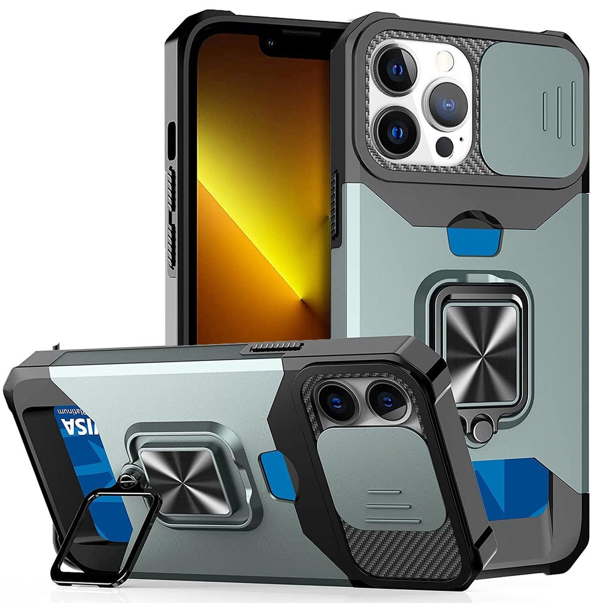 Multifunctional Card Holder Heavy Duty Protective iPhone Case For iPhone 14 13 12 11 Pro Max Slide Camera Kickstand Card Holder Slot Wallet Protective With Ring Stand Cover Magnetic Strong Phone Case