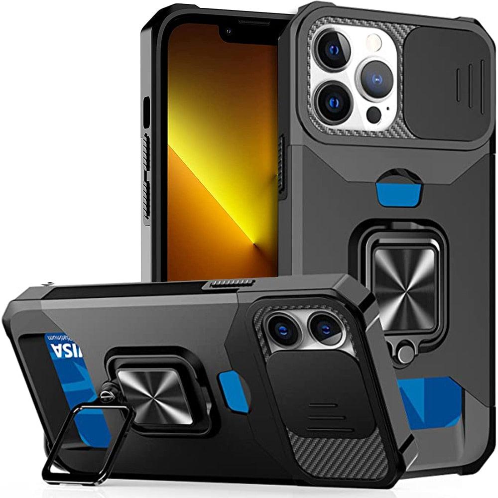 Multifunctional Card Holder Heavy Duty Protective iPhone Case For iPhone 14 13 12 11 Pro Max Slide Camera Kickstand Card Holder Slot Wallet Protective With Ring Stand Cover Magnetic Strong Phone Case