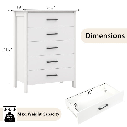 Modern 5-Drawer Multipurpose Chest Dresser with Metal Handles-White