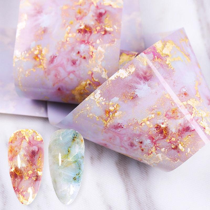 Nail Foils Marble Flower Series Iridescent Nail Art Transfer Sticker Paper Slider Nail Water Decal Design Manicures Decorations Art Manicures Decoration New Gold Nail Transfer Foils for Nail Arts Nails Supply Holographic Effect Nail Art Foil Stickers Hol