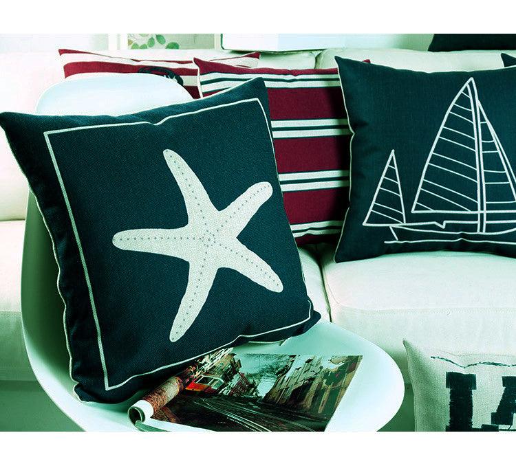 Navigation Navy Blue Nautical Shell Starfish Linen Pillow Cover Blue Anchor Navigation Anchor Sailboat Pillowcase Marine Cushion Cover Sofa Home Decorative Cushion Cover For Home
