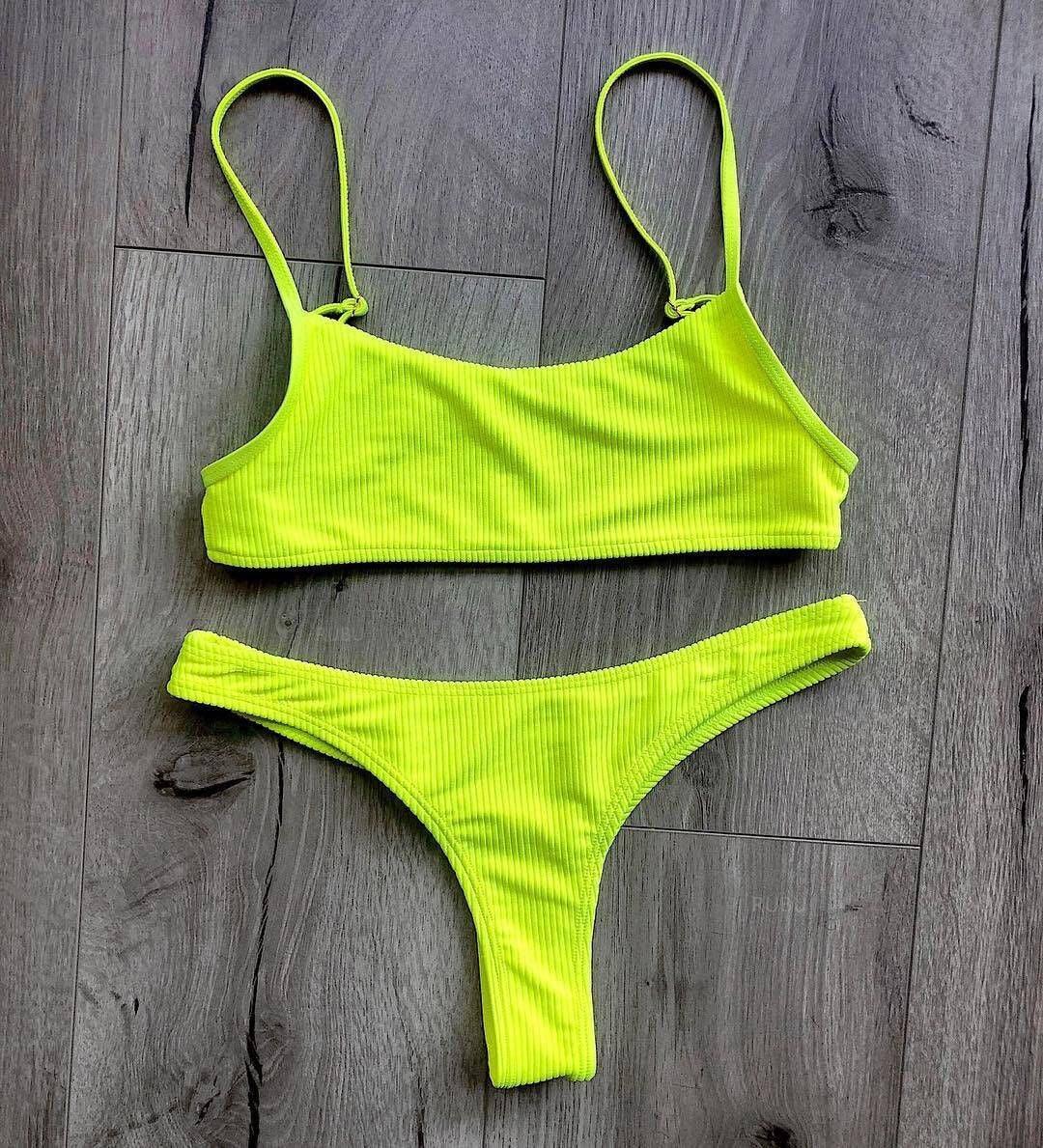 Neon Yellow Green Swimsuit Women Push Up Padded Micro Bikini Summer Beach Bathing Suit Beach Swimwear Women's Scoop Neck Cut Out Front Lace Up Back High Cut One Piece Swimsuit