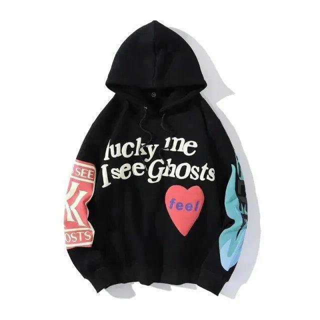 New Cool Printed Hoodies For Men Trendy Stylish Casual Wear For Winter Party Wear Men Hooded Sweatshirts Lucky Me I See Ghosts Hoodie Hip Hop Street Rapper Unisex Couple Sweatshirt With Novelty Printing for Men Women