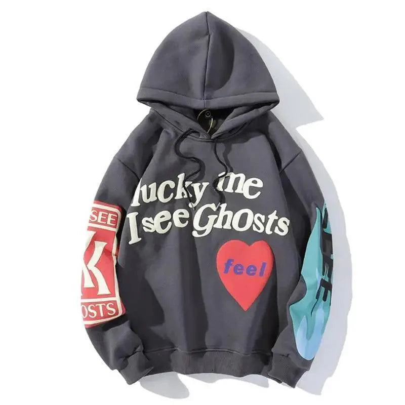 New Cool Printed Hoodies For Men Trendy Stylish Casual Wear For Winter Party Wear Men Hooded Sweatshirts Lucky Me I See Ghosts Hoodie Hip Hop Street Rapper Unisex Couple Sweatshirt With Novelty Printing for Men Women