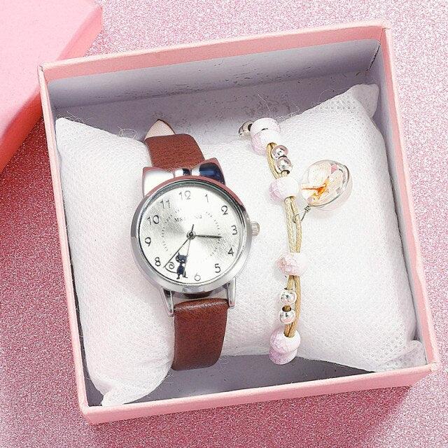 New Fashion Childrens Watch Analog Children Quartz Watch With Bracelet Set Little Cat Watch Kids Children Quartz Electronic Watch Unisex Wrist Leather Strap Watches