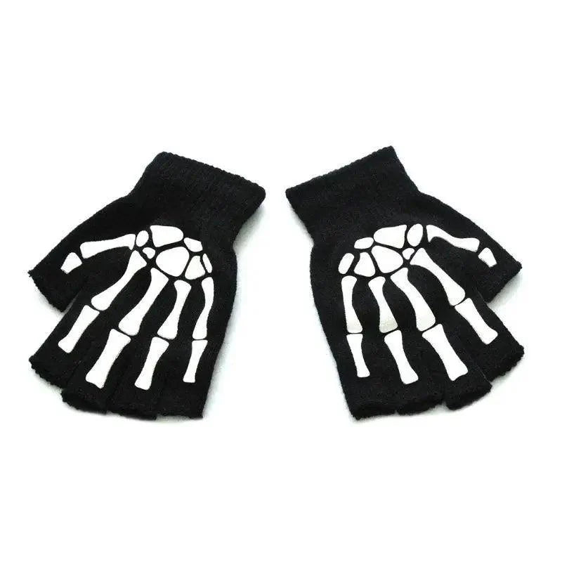 New TrendyHalf Finger Gloves Glow Dark Fingerless Stretch Knitted Winter Mittens Men/Women's Skeleton Pattern Knit Gloves Fingerless Gloves