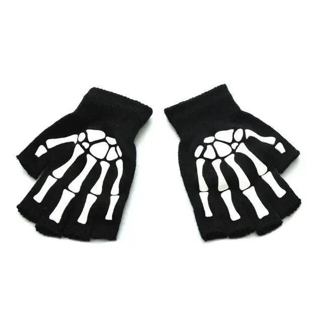 New TrendyHalf Finger Gloves Glow Dark Fingerless Stretch Knitted Winter Mittens Men/Women's Skeleton Pattern Knit Gloves Fingerless Gloves