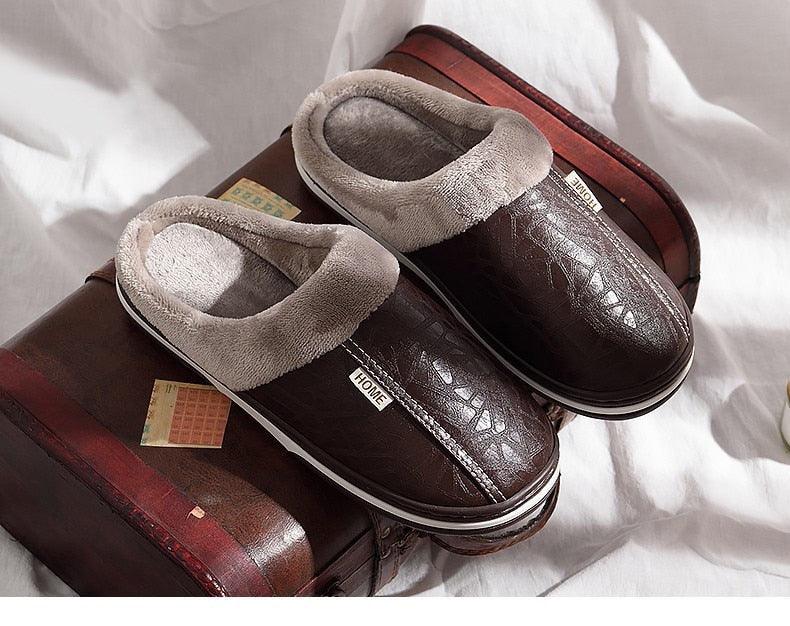New Women Men Winter House Slippers PU Leather Cute Plush Slip On Fluffy Warm Casual Shoes House Slippers Memory Foam Comfy Fuzzy Soft Slip On Indoor Slippers For Men