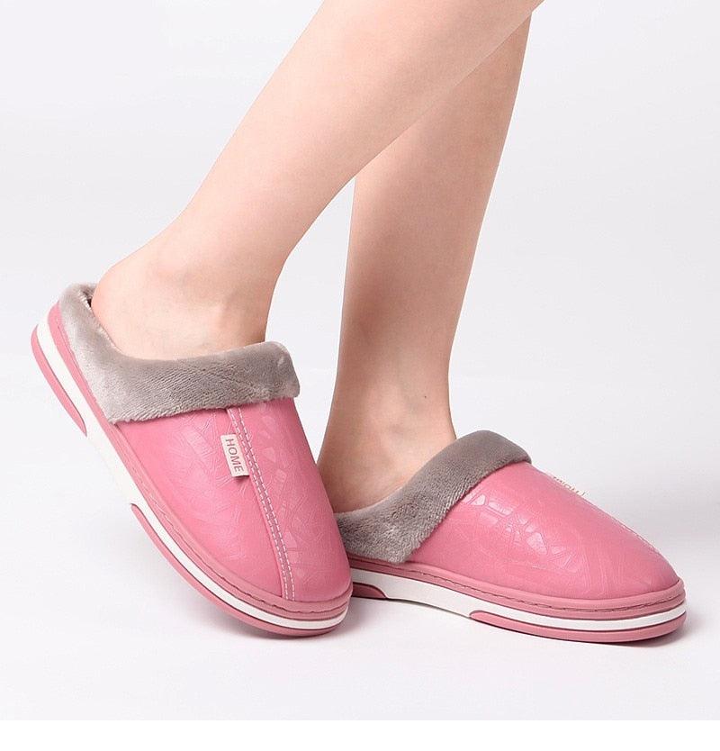 New Women Men Winter House Slippers PU Leather Cute Plush Slip On Fluffy Warm Casual Shoes House Slippers Memory Foam Comfy Fuzzy Soft Slip On Indoor Slippers For Men