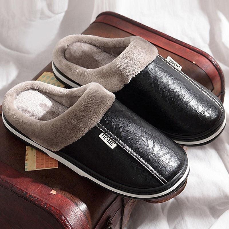 New Women Men Winter House Slippers PU Leather Cute Plush Slip On Fluffy Warm Casual Shoes House Slippers Memory Foam Comfy Fuzzy Soft Slip On Indoor Slippers For Men
