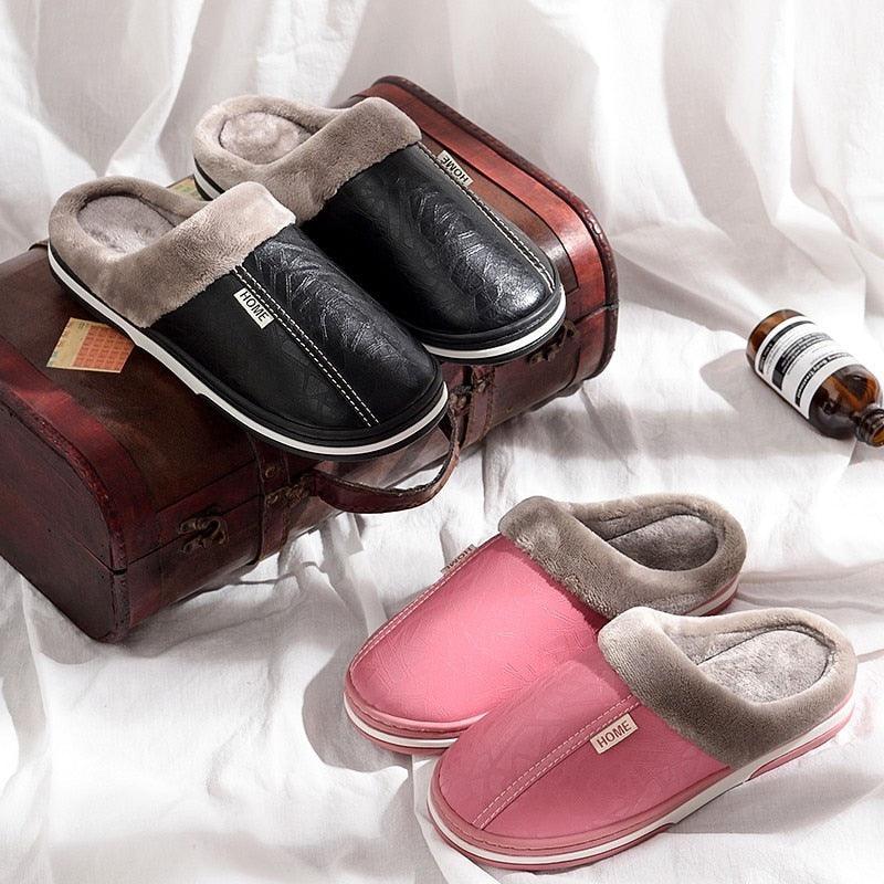 New Women Men Winter House Slippers PU Leather Cute Plush Slip On Fluffy Warm Casual Shoes House Slippers Memory Foam Comfy Fuzzy Soft Slip On Indoor Slippers For Men