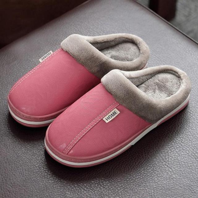 New Women Men Winter House Slippers PU Leather Cute Plush Slip On Fluffy Warm Casual Shoes House Slippers Memory Foam Comfy Fuzzy Soft Slip On Indoor Slippers For Men