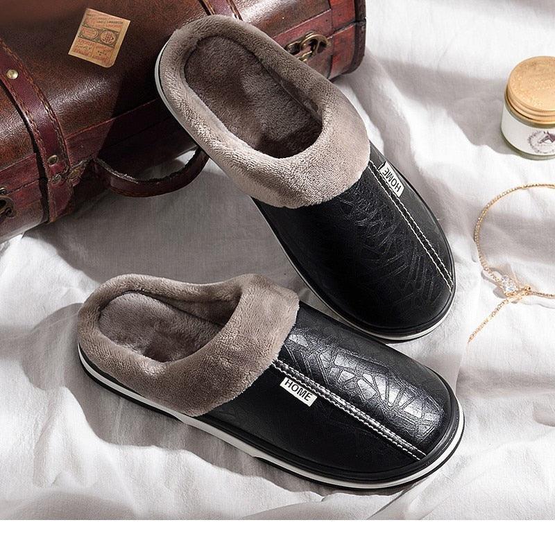 New Women Men Winter House Slippers PU Leather Cute Plush Slip On Fluffy Warm Casual Shoes House Slippers Memory Foam Comfy Fuzzy Soft Slip On Indoor Slippers For Men