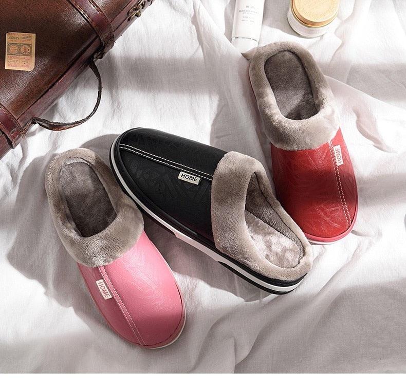 New Women Men Winter House Slippers PU Leather Cute Plush Slip On Fluffy Warm Casual Shoes House Slippers Memory Foam Comfy Fuzzy Soft Slip On Indoor Slippers For Men