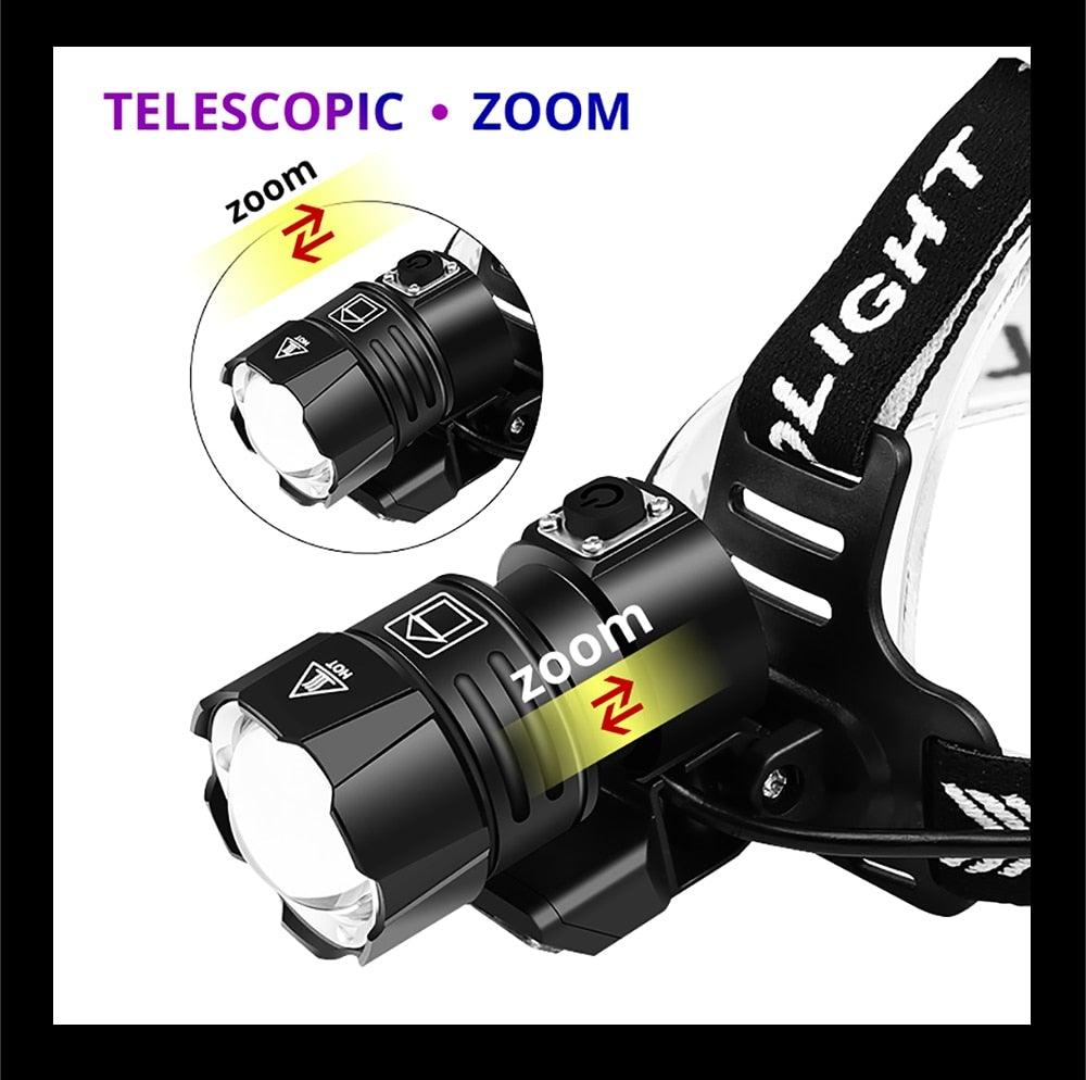 Newest Waterproof XHP199 16-Core Super Bright Powerful Lantern Headlamp XHP110 LED USB Flashlight XHP50 Headlight Rechargeable 18650 Zoom Torch Light