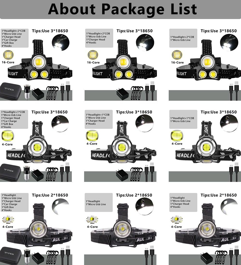 Newest Waterproof XHP199 16-Core Super Bright Powerful Lantern Headlamp XHP110 LED USB Flashlight XHP50 Headlight Rechargeable 18650 Zoom Torch Light