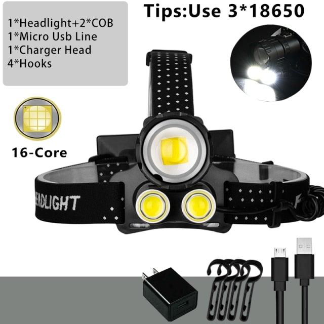 Newest Waterproof XHP199 16-Core Super Bright Powerful Lantern Headlamp XHP110 LED USB Flashlight XHP50 Headlight Rechargeable 18650 Zoom Torch Light