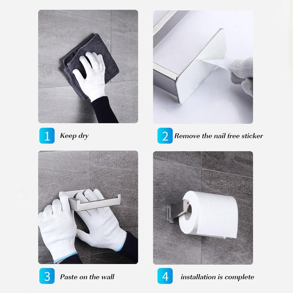 No-Drill Self Adhesive Toilet Paper Holder Stainless Steel Bathroom Kitchen Roll Paper Accessory Tissue Towel Rack Metal Holders Toilet Tissue Roll Holders Dispenser And Hangers Wall Mounted For Bathroom Kitchen Stainless Steel Modern Square Style
